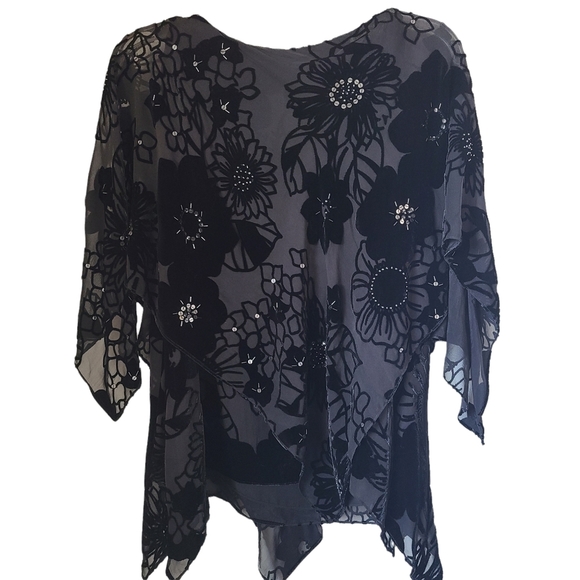 Adrianna Papell Beaded Shear Layered Top Velour Flowers Silk Blend - Picture 2 of 7